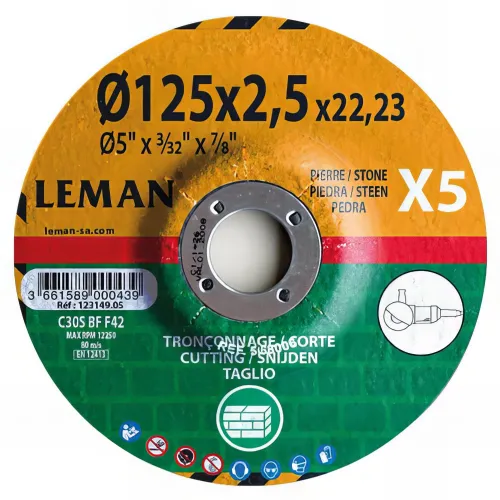 5 disques à tronçonner matériaux de construction, pierre à moyeu déporté - D. 125 x Al. 22,23 x Ep. 2,5 mm - 123149.05 - Leman